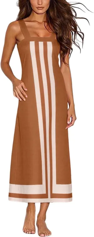 Womens Summer Maxi Dress Boho Striped Shoulder Strap Long Sundress Summer 2025 Color Blocked Beach Cover Up Dress