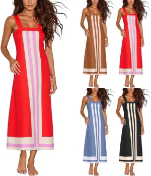 Womens Summer Maxi Dress Boho Striped Shoulder Strap Long Sundress Summer 2025 Color Blocked Beach Cover Up Dress