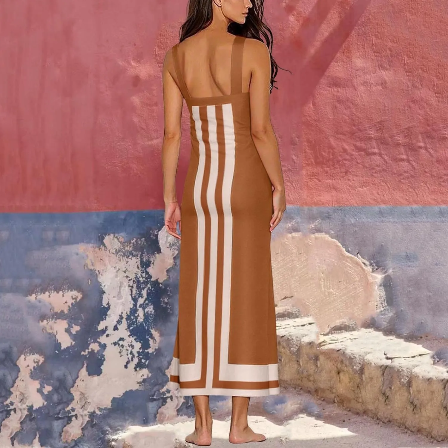 Womens Summer Maxi Dress Boho Striped Shoulder Strap Long Sundress Summer 2025 Color Blocked Beach Cover Up Dress