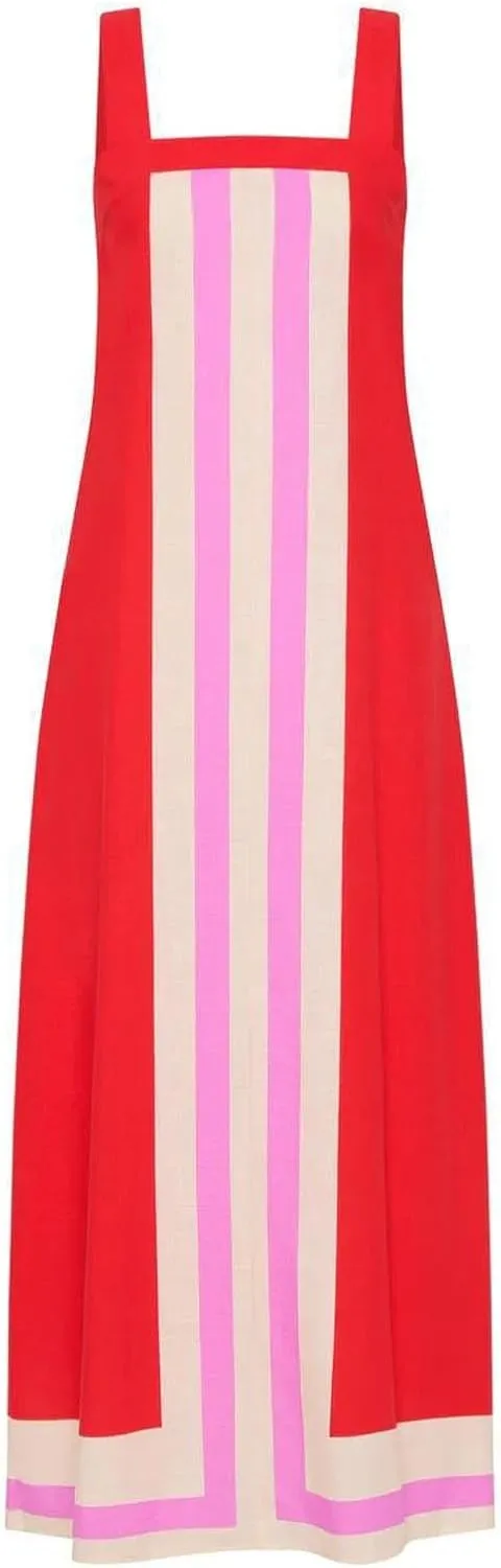 Womens Summer Maxi Dress Boho Striped Shoulder Strap Long Sundress Summer 2025 Color Blocked Beach Cover Up Dress