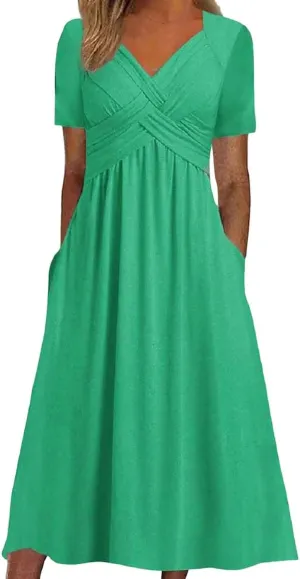 Women's Summer Short Sleeve Maxi Dress 2025 Casual V Neck High Waist A-Line Flowy Loose Solid Boho Long Dresses