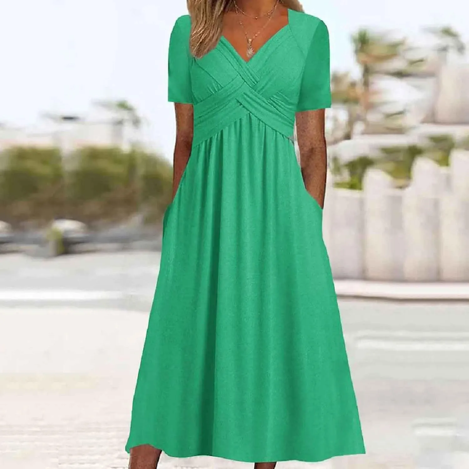 Women's Summer Short Sleeve Maxi Dress 2025 Casual V Neck High Waist A-Line Flowy Loose Solid Boho Long Dresses