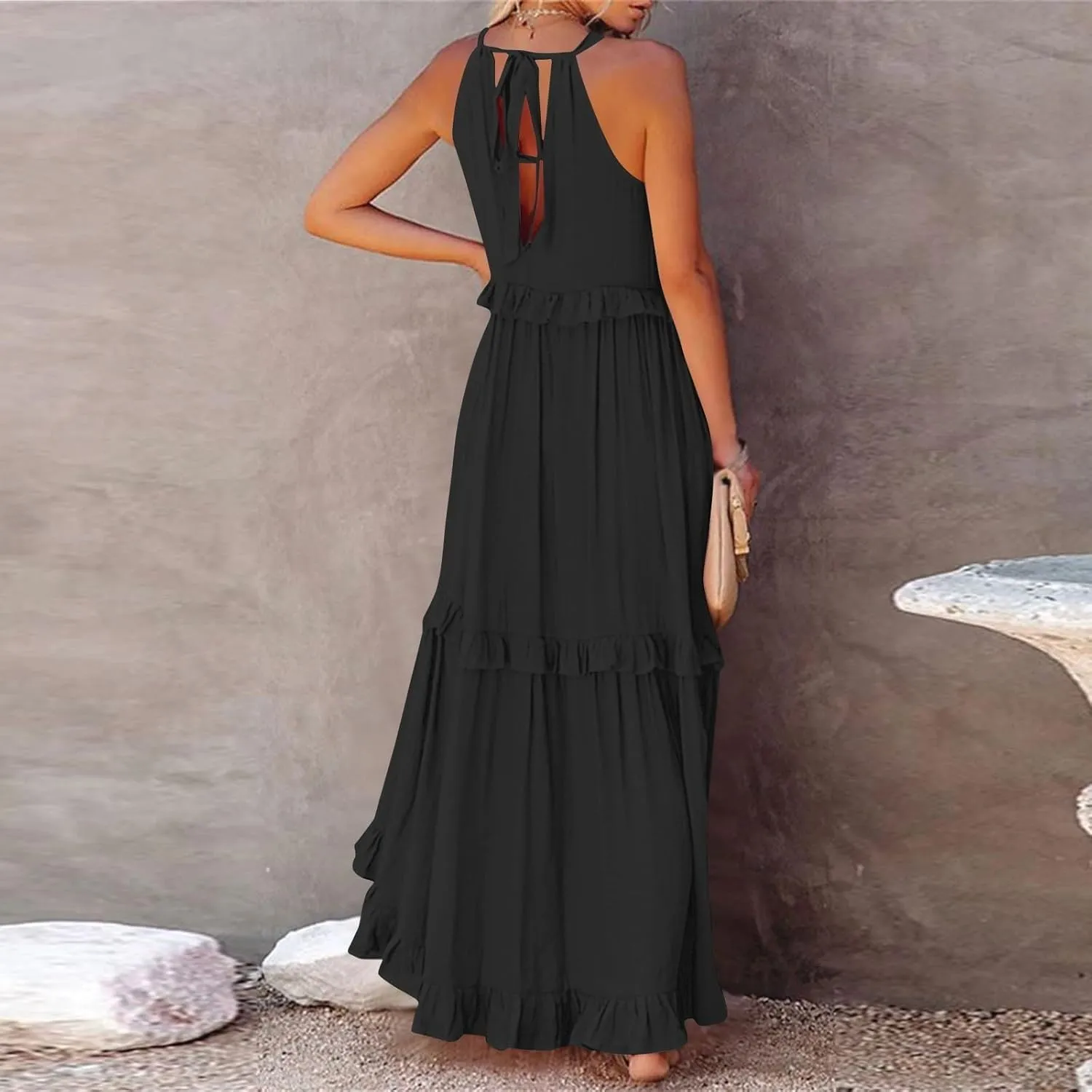 Womens Tiered Dress 2025 Summer Casual Sleeveless Tie Back Pleated Maxi Dress A Line Flowy Long Beach Sun Dresses