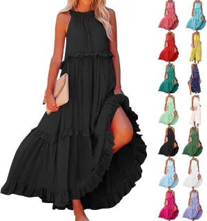 Womens Tiered Dress 2025 Summer Casual Sleeveless Tie Back Pleated Maxi Dress A Line Flowy Long Beach Sun Dresses