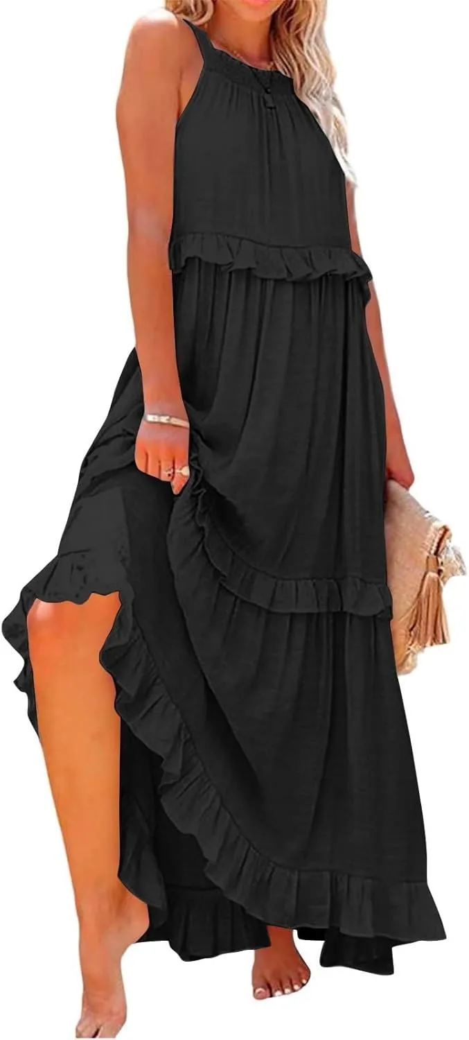 Womens Tiered Dress 2025 Summer Casual Sleeveless Tie Back Pleated Maxi Dress A Line Flowy Long Beach Sun Dresses