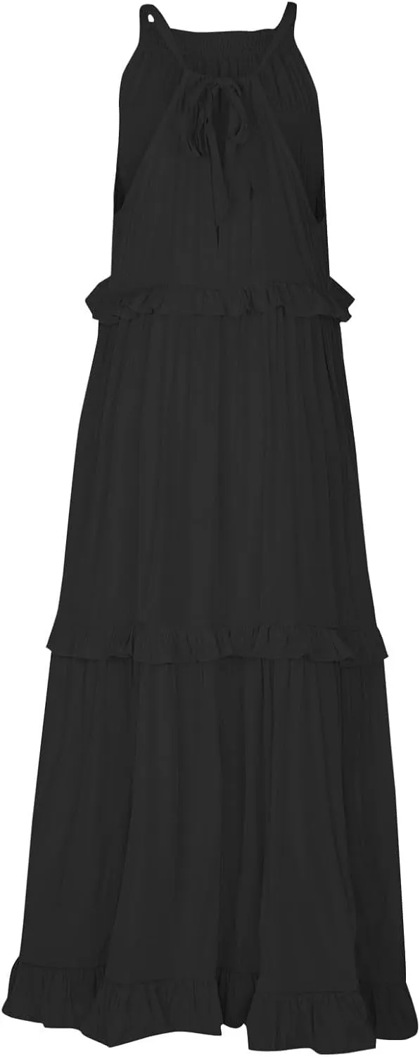 Womens Tiered Dress 2025 Summer Casual Sleeveless Tie Back Pleated Maxi Dress A Line Flowy Long Beach Sun Dresses
