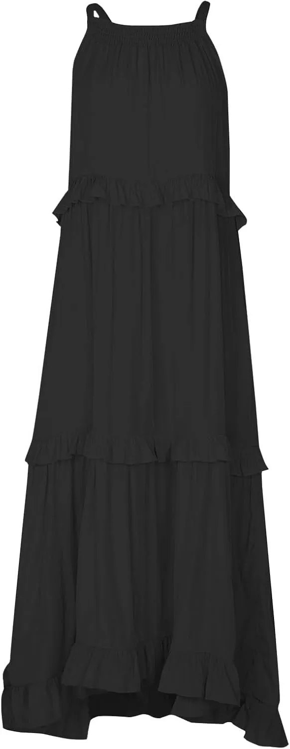 Womens Tiered Dress 2025 Summer Casual Sleeveless Tie Back Pleated Maxi Dress A Line Flowy Long Beach Sun Dresses