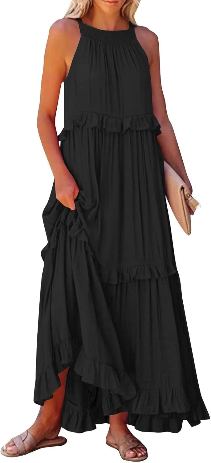 Womens Tiered Dress 2025 Summer Casual Sleeveless Tie Back Pleated Maxi Dress A Line Flowy Long Beach Sun Dresses