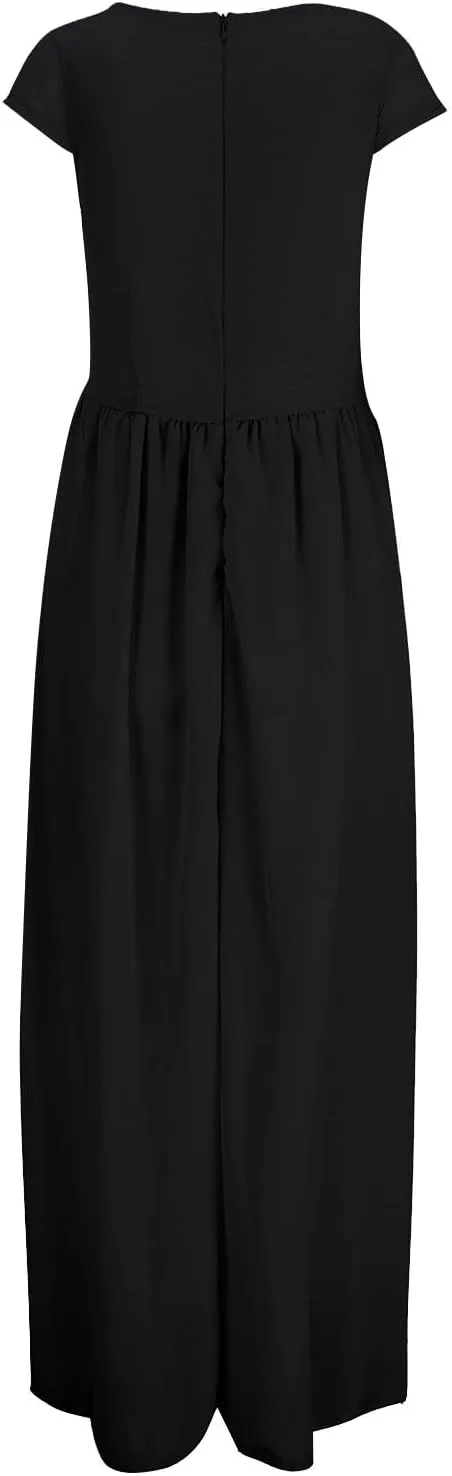 Women's V-Neck Solid Color Short Sleeve Chiffon Waist Closing Evening Dress Clothing Oversized