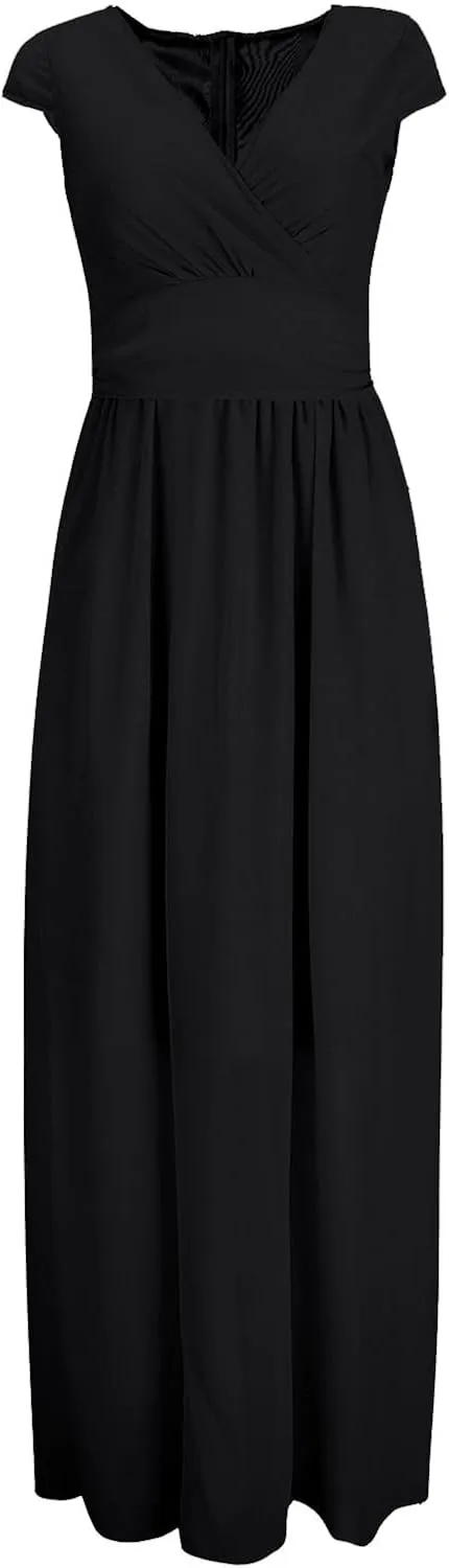 Women's V-Neck Solid Color Short Sleeve Chiffon Waist Closing Evening Dress Clothing Oversized