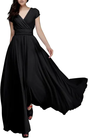 Women's V-Neck Solid Color Short Sleeve Chiffon Waist Closing Evening Dress Clothing Oversized