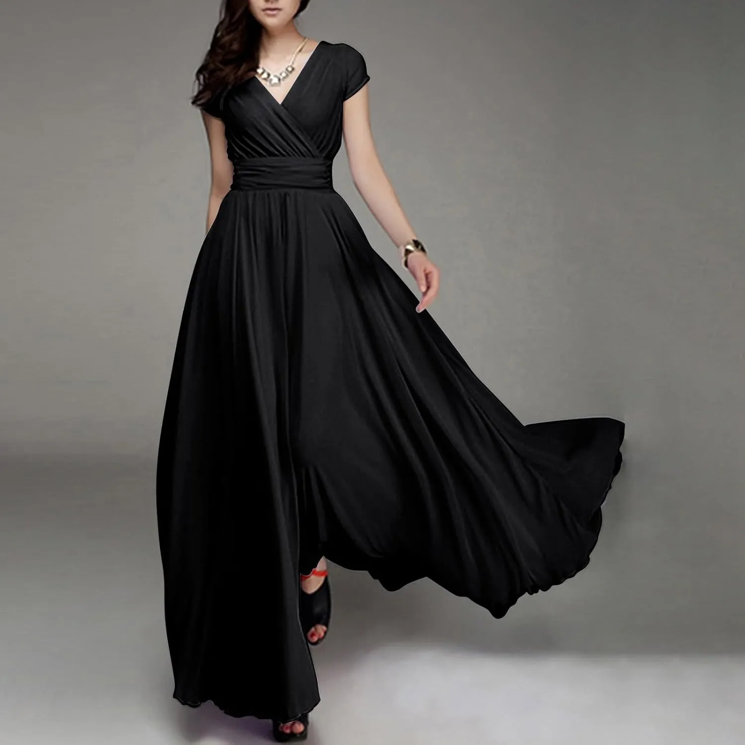 Women's V-Neck Solid Color Short Sleeve Chiffon Waist Closing Evening Dress Clothing Oversized