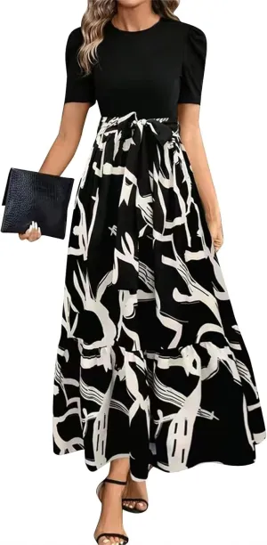 Work Dresses for Women 2025 Elegant Classy Summer Empire Waist Short Sleeve A Line Dress Wedding Guest Wrap Sundress