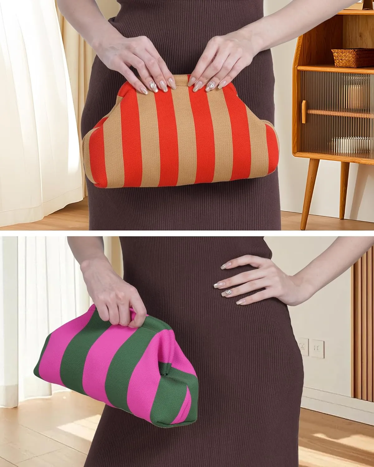 Woven Clutch Purses for Woman, Woven Striped Dumpling Bag,Crochet Evening Bags