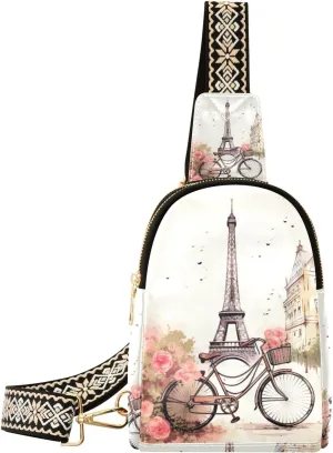 xigua Small Sling Bag for Women Romantic Paris Pattern Fanny Pack Faux Leather Crossbody Bags Lightweight Chest Bag