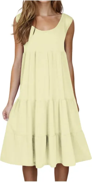 XUNRYAN Womens Tank Dresses Casual Sleeveless Tunic Summer Midi Dress Calf Length Tiered Ruffle Beach Coverup Vacation Outfit