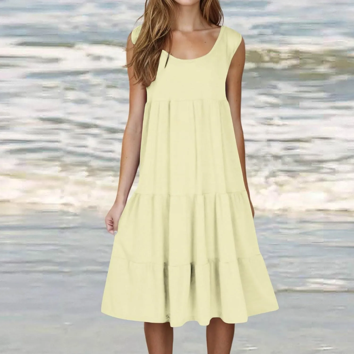 XUNRYAN Womens Tank Dresses Casual Sleeveless Tunic Summer Midi Dress Calf Length Tiered Ruffle Beach Coverup Vacation Outfit