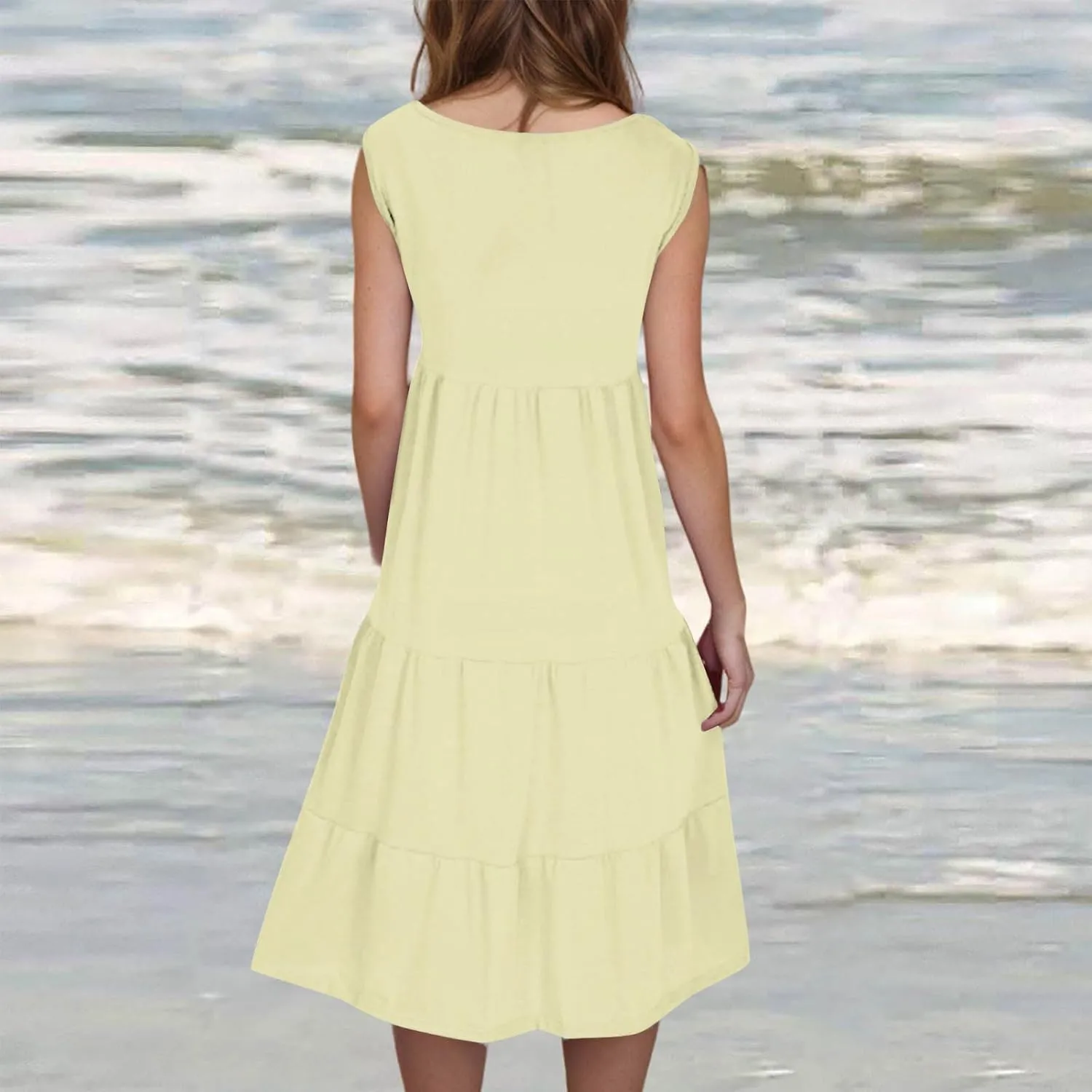 XUNRYAN Womens Tank Dresses Casual Sleeveless Tunic Summer Midi Dress Calf Length Tiered Ruffle Beach Coverup Vacation Outfit