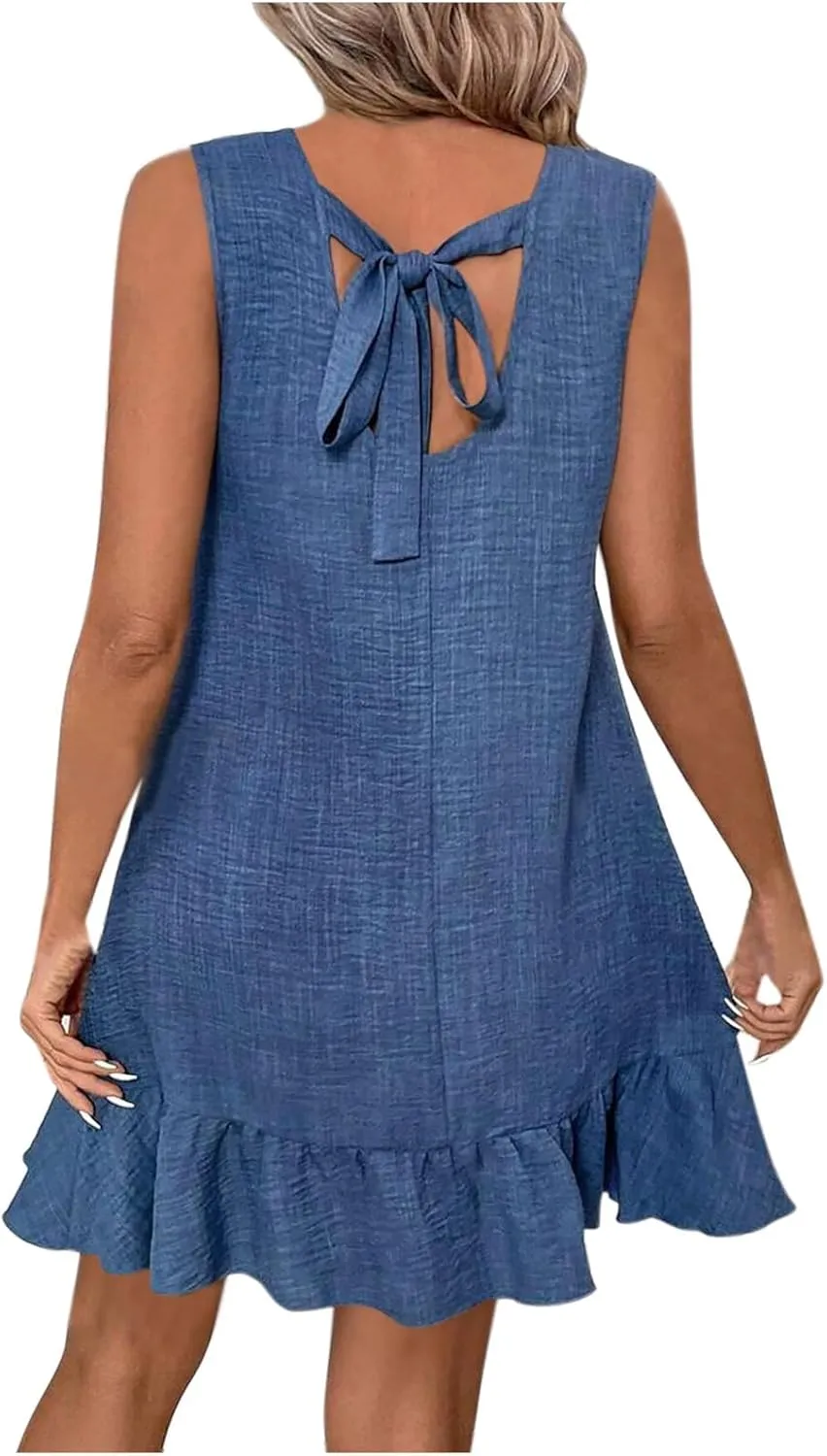 XUNRYAN Womens Tank Dresses Short Mini Dress Summer Casual Ruffle Bow Tie Backless Beach Sundress Cover Up Vacation Outfit