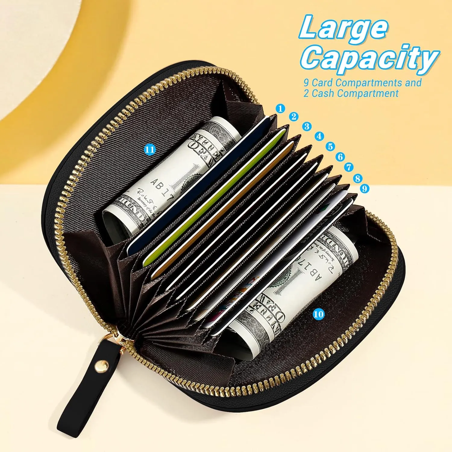 YINHEXI Cute Leather Card Holder Wallet for Women, RFID Small Zipper Wallet with Keychain Wristlet, Business Card Holder (Black)
