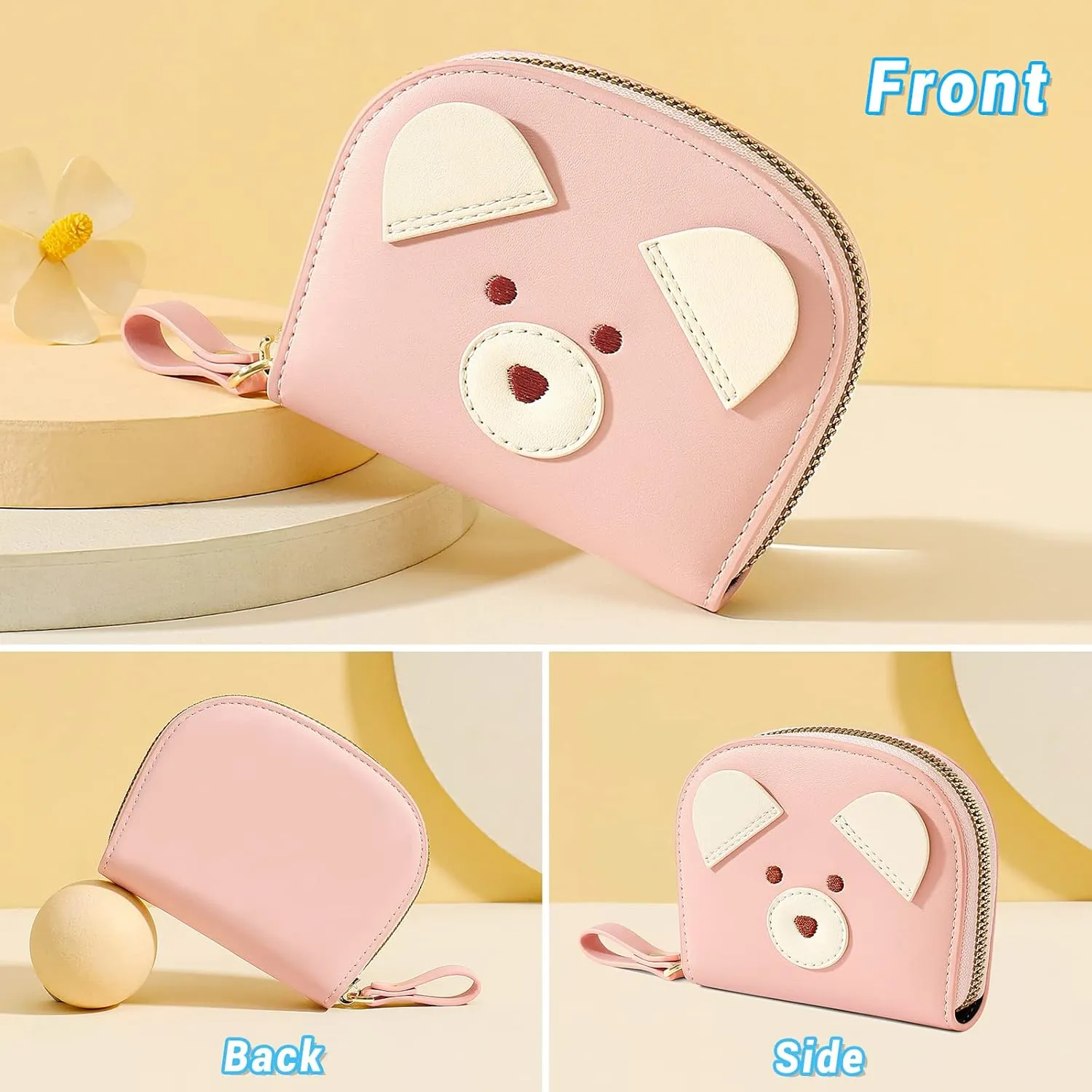 YINHEXI Cute Leather Card Holder Wallet for Women, RFID Small Zipper Wallet with Keychain Wristlet, Business Card Holder (Pink)