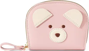 YINHEXI Cute Leather Card Holder Wallet for Women, RFID Small Zipper Wallet with Keychain Wristlet, Business Card Holder (Pink)