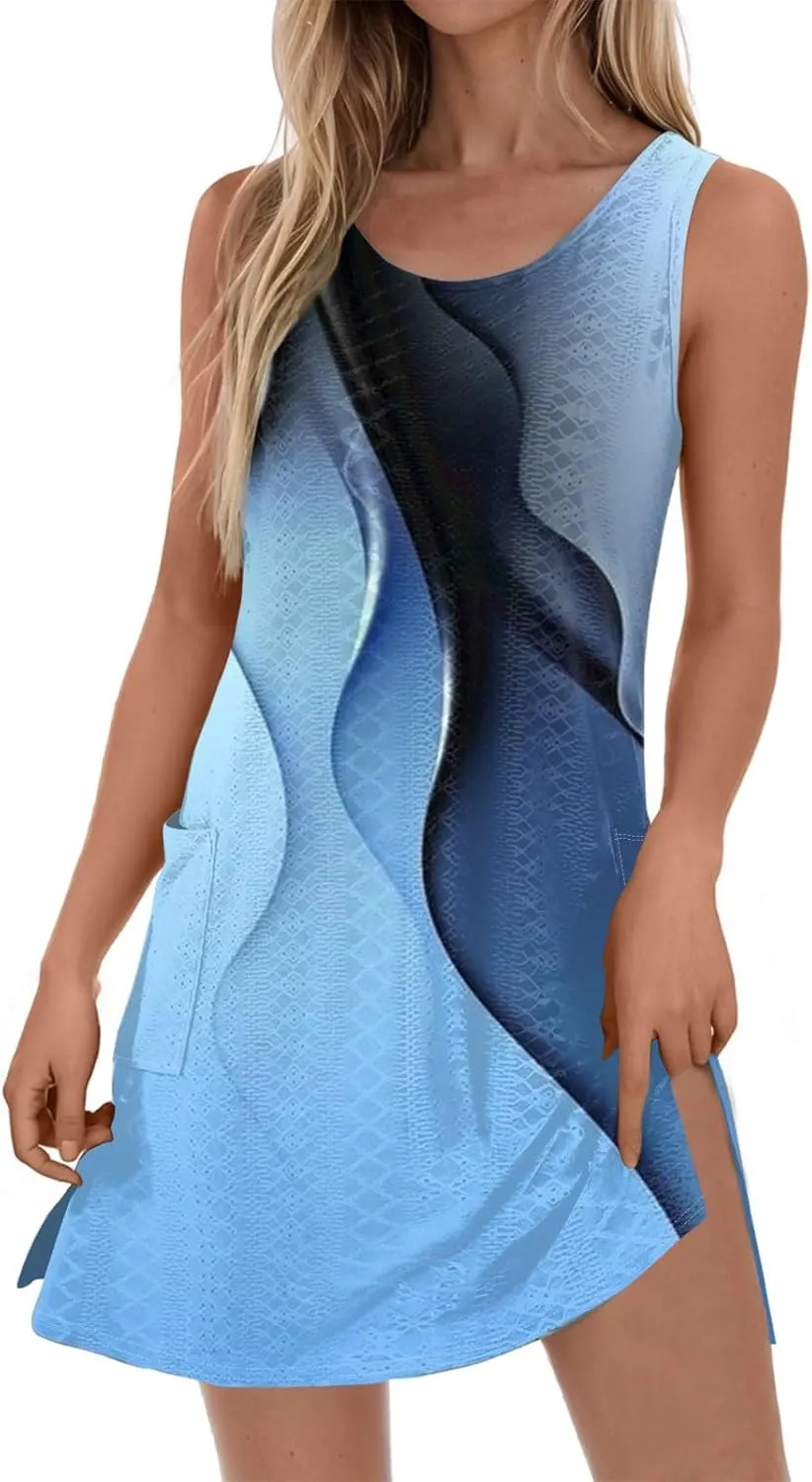 ZEFOTIM Cute Striped Color Block Geometry Eyelet Dress for Women Summer Mini Sleeveless Sundress Beach Dresses with Pockets