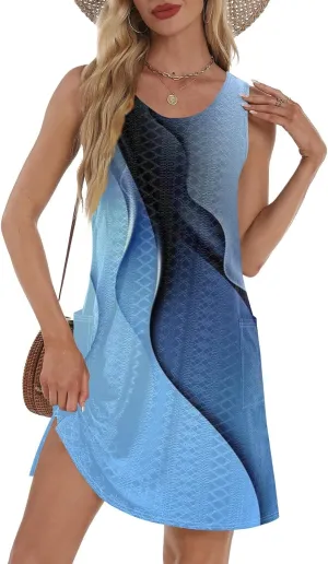 ZEFOTIM Cute Striped Color Block Geometry Eyelet Dress for Women Summer Mini Sleeveless Sundress Beach Dresses with Pockets