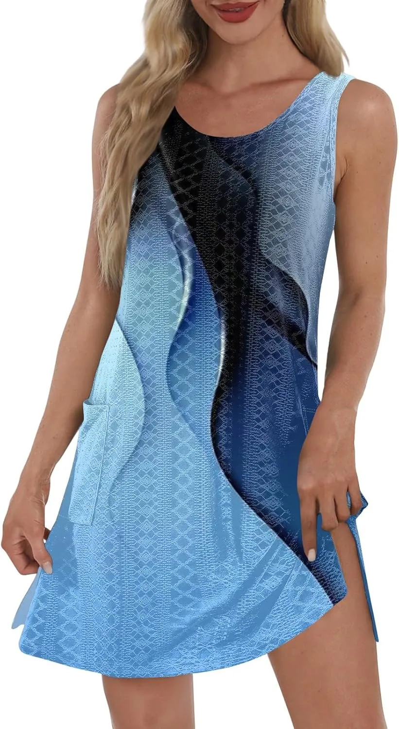 ZEFOTIM Cute Striped Color Block Geometry Eyelet Dress for Women Summer Mini Sleeveless Sundress Beach Dresses with Pockets