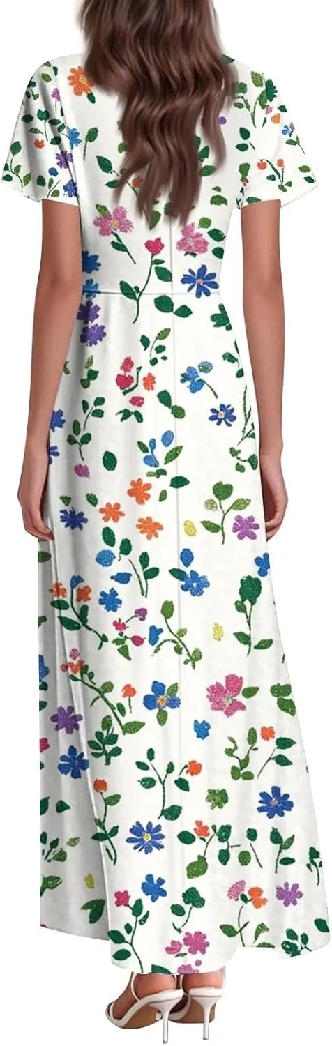 ZEFOTIM Long Maxi Dresses for Women Sexy Floral Dress Short Sleeve V Neck Dresses