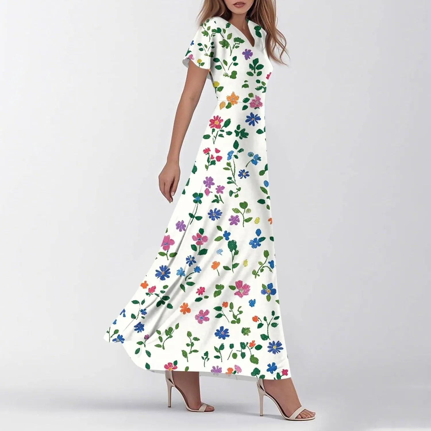 ZEFOTIM Long Maxi Dresses for Women Sexy Floral Dress Short Sleeve V Neck Dresses