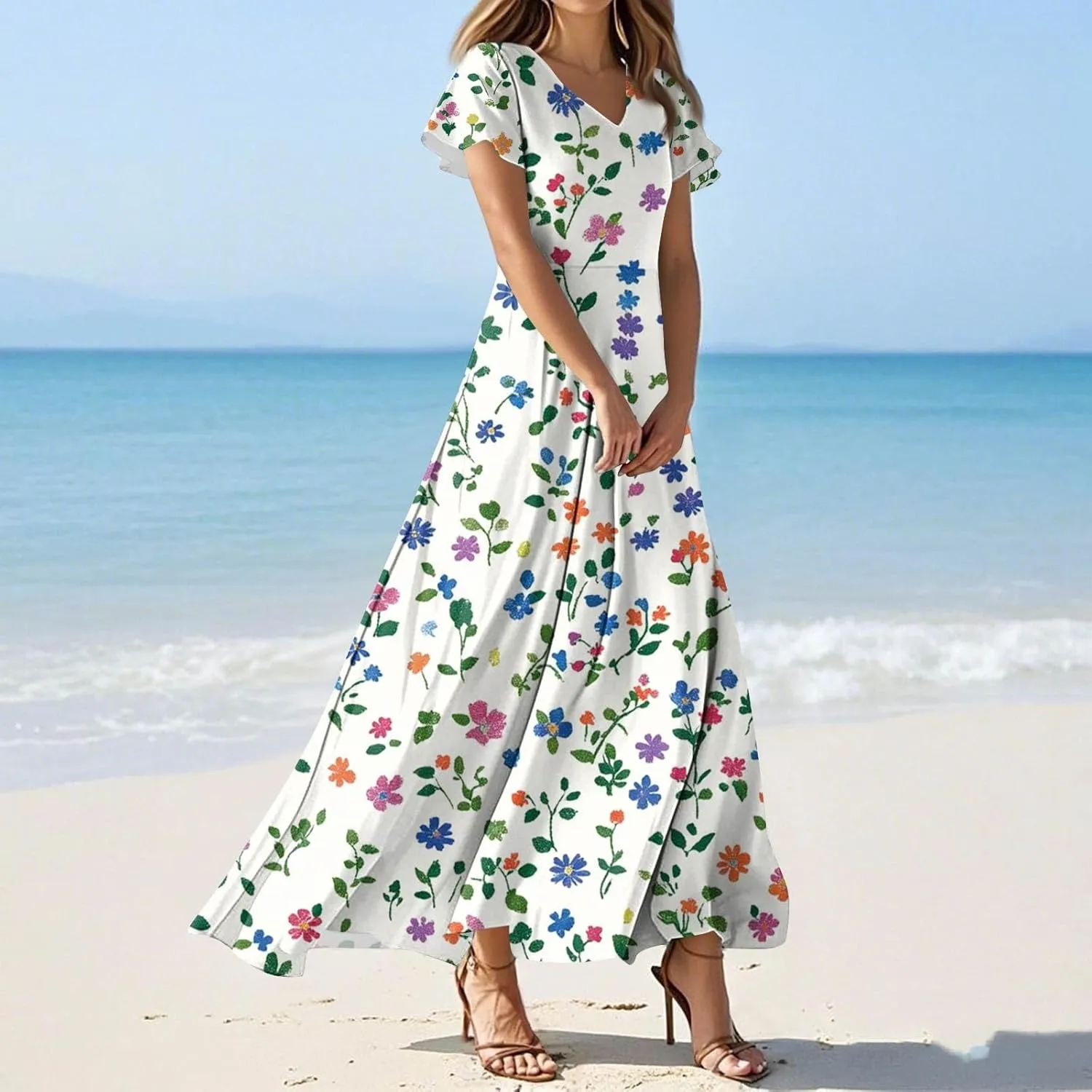 ZEFOTIM Long Maxi Dresses for Women Sexy Floral Dress Short Sleeve V Neck Dresses