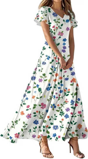 ZEFOTIM Long Maxi Dresses for Women Sexy Floral Dress Short Sleeve V Neck Dresses