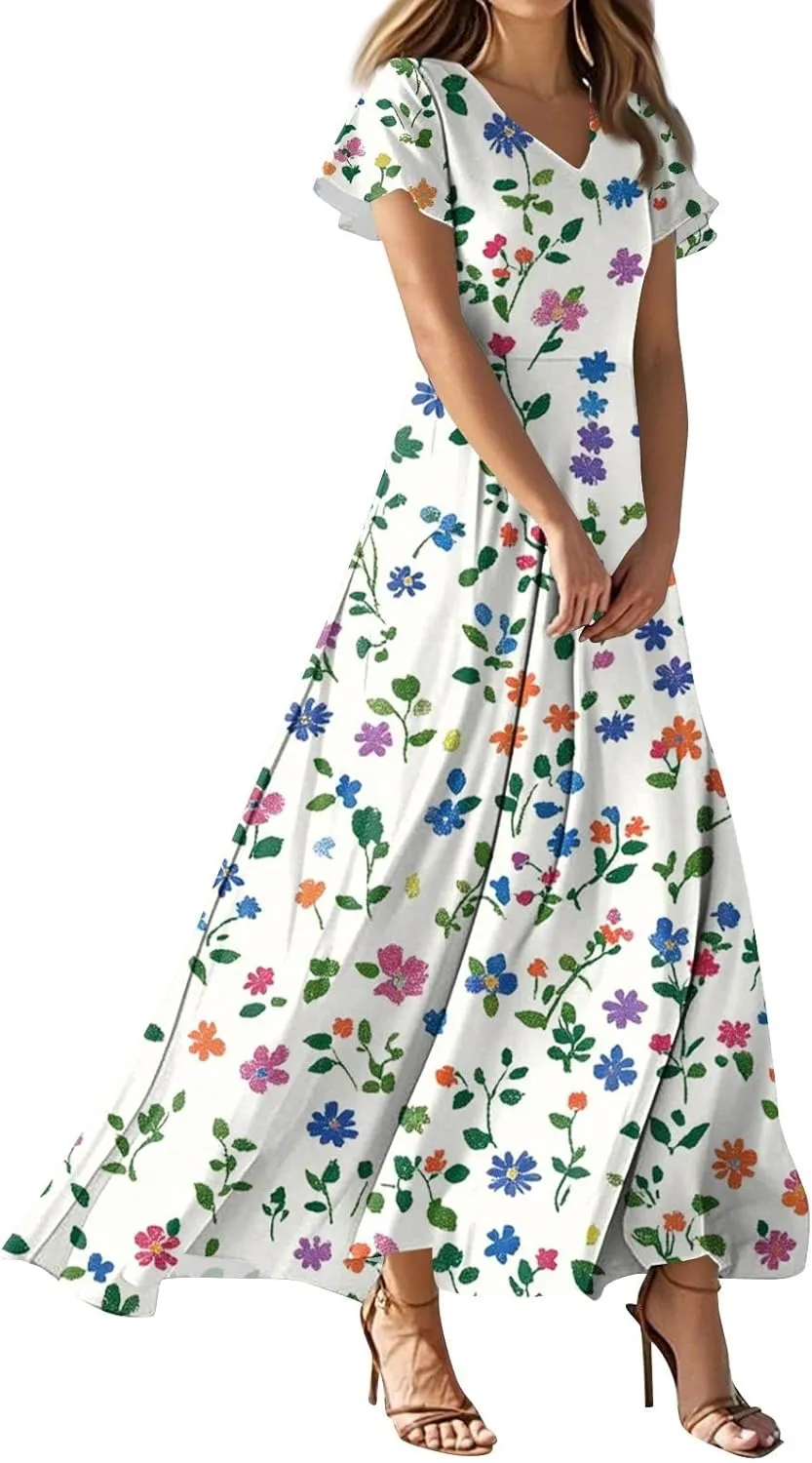 ZEFOTIM Long Maxi Dresses for Women Sexy Floral Dress Short Sleeve V Neck Dresses