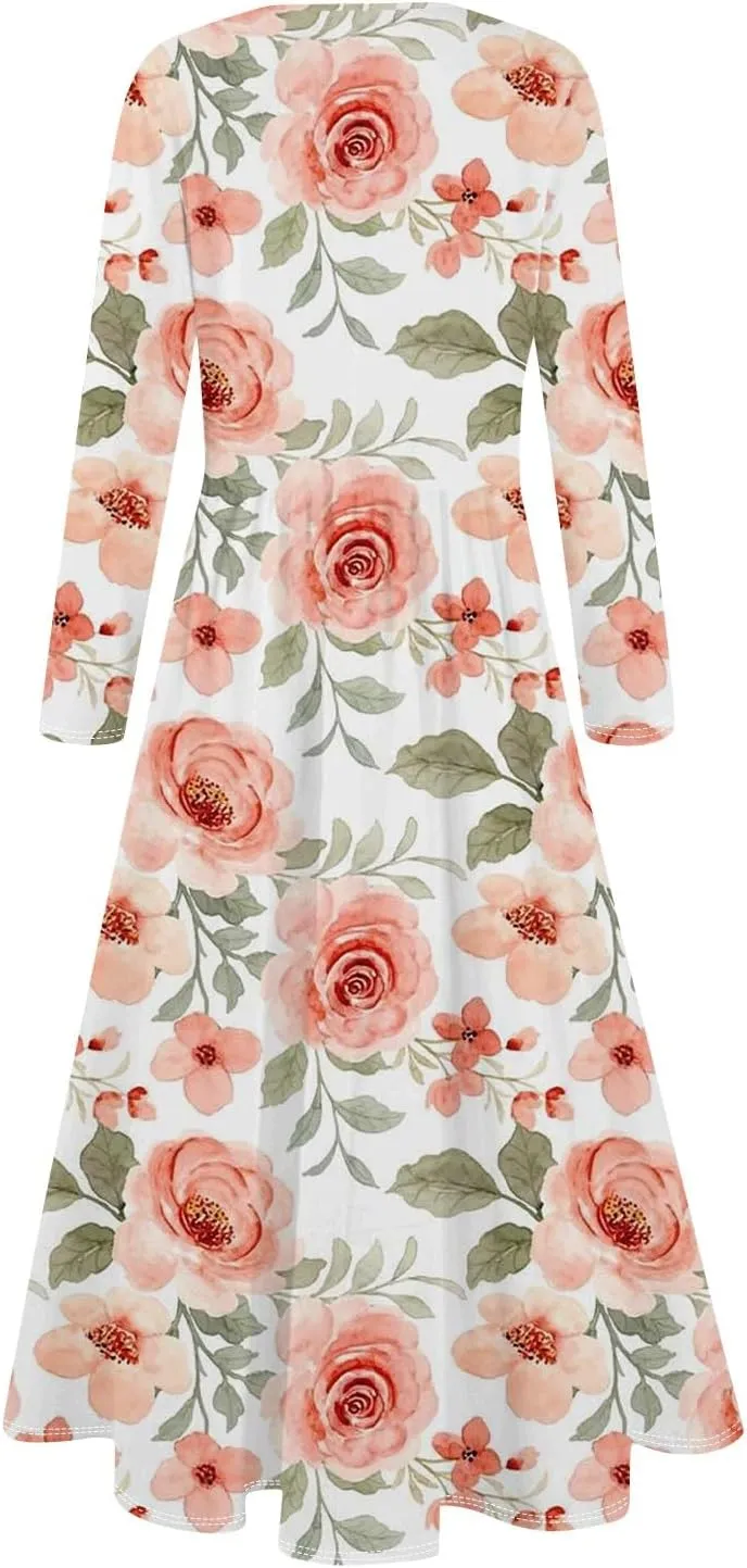 ZEFOTIM Long Sleeve Dresses for Women Casual Crewneck with Pockets Vacation Floral Dresses Spring Summer Dresses