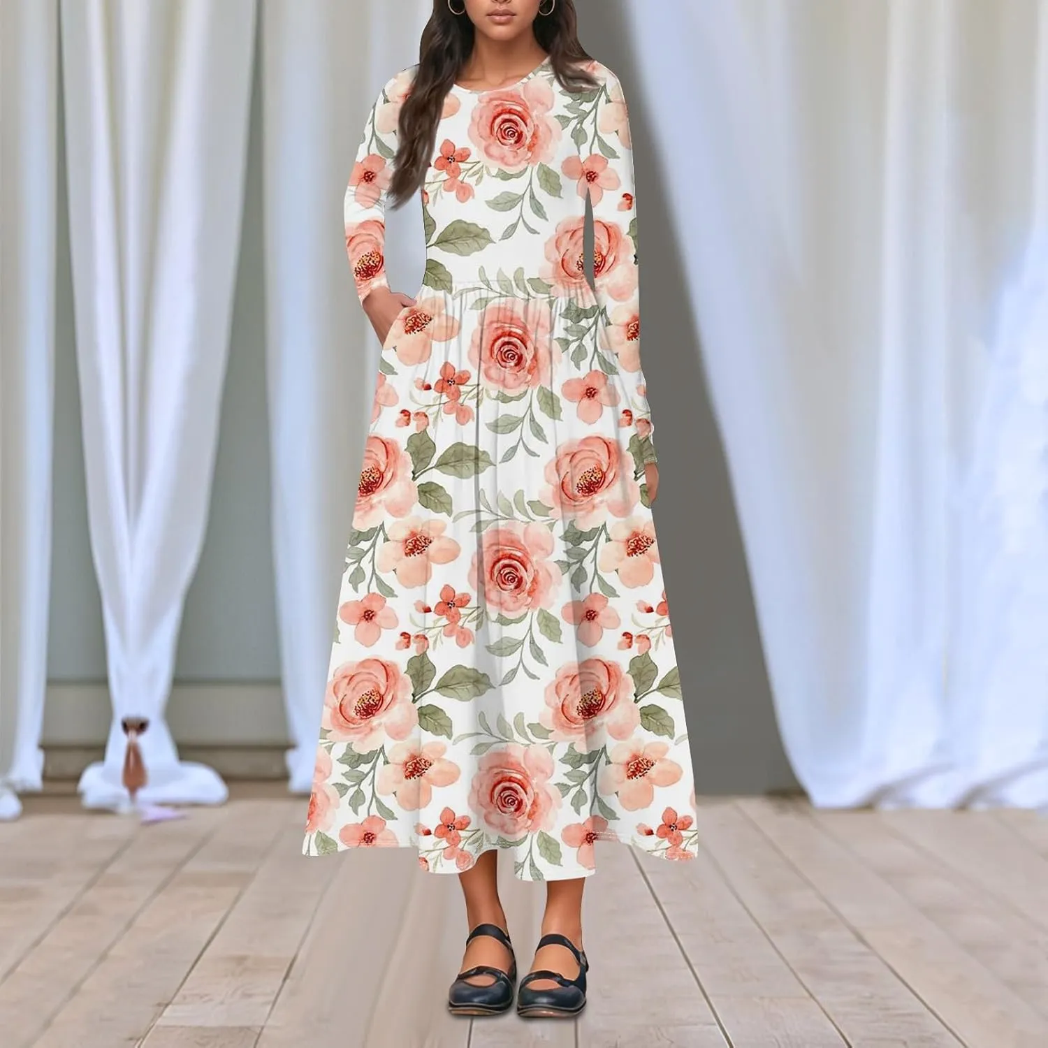 ZEFOTIM Long Sleeve Dresses for Women Casual Crewneck with Pockets Vacation Floral Dresses Spring Summer Dresses