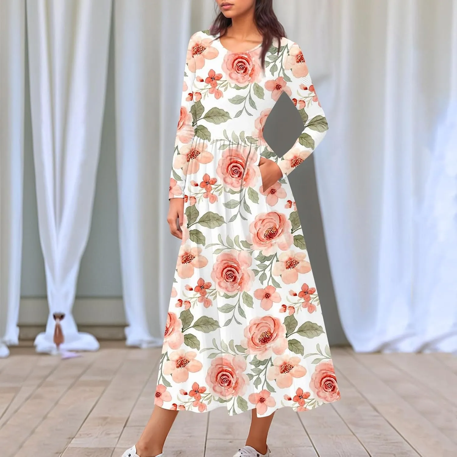 ZEFOTIM Long Sleeve Dresses for Women Casual Crewneck with Pockets Vacation Floral Dresses Spring Summer Dresses