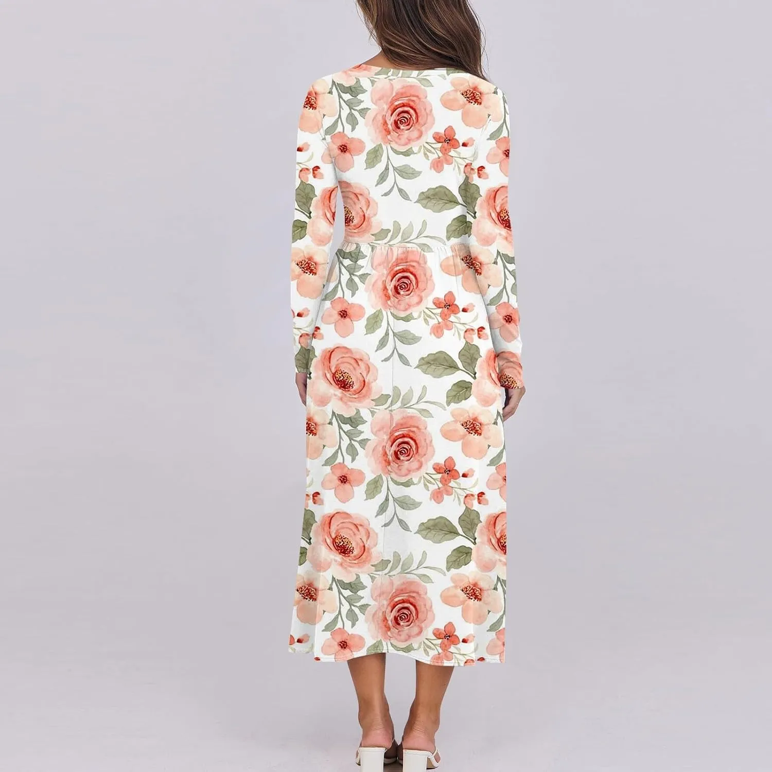 ZEFOTIM Long Sleeve Dresses for Women Casual Crewneck with Pockets Vacation Floral Dresses Spring Summer Dresses