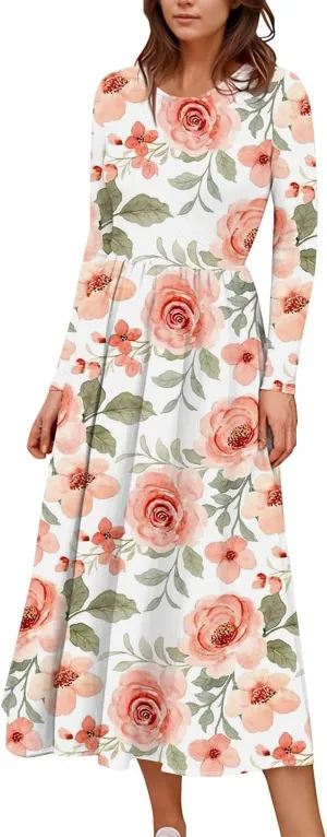 ZEFOTIM Long Sleeve Dresses for Women Casual Crewneck with Pockets Vacation Floral Dresses Spring Summer Dresses