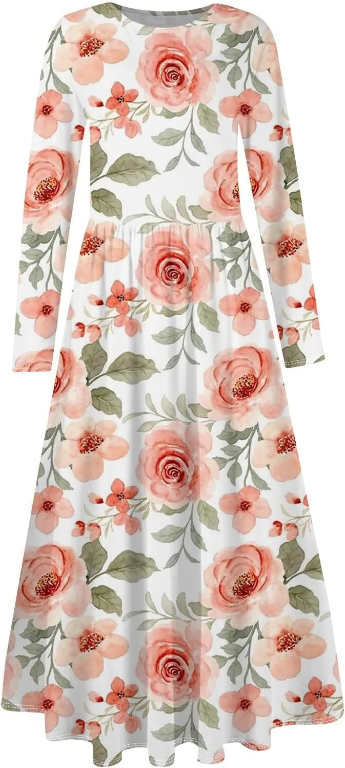 ZEFOTIM Long Sleeve Dresses for Women Casual Crewneck with Pockets Vacation Floral Dresses Spring Summer Dresses