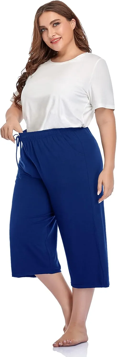 ZERDOCEAN Women's Plus Size Wide Leg Casual Lounge Pants Comfy Capris Relaxed Pajama Bottoms Drawstring Pockets