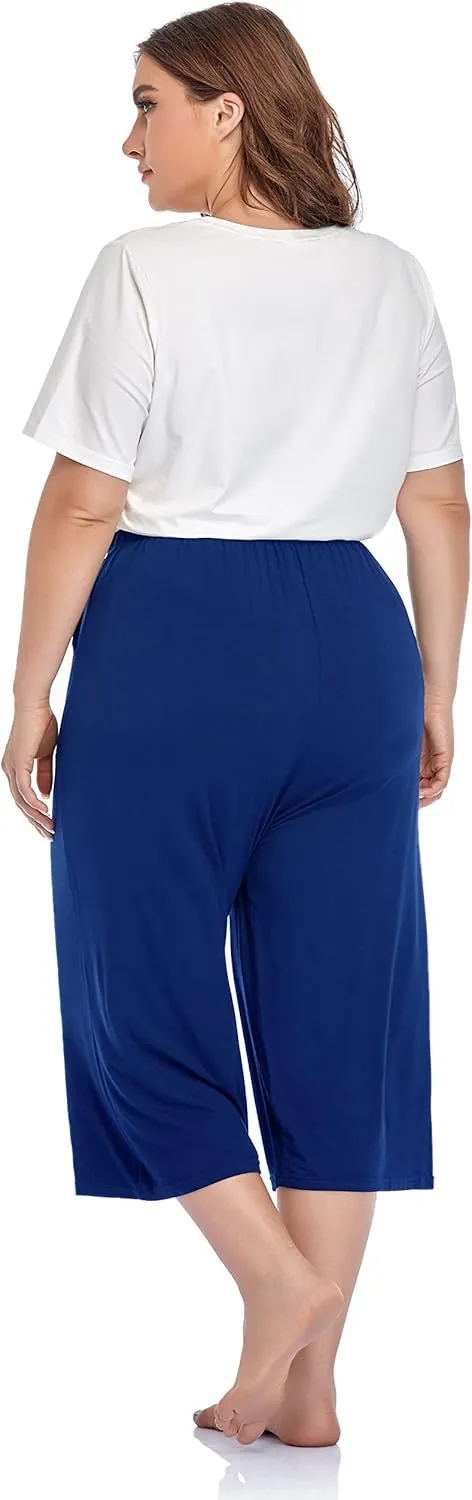 ZERDOCEAN Women's Plus Size Wide Leg Casual Lounge Pants Comfy Capris Relaxed Pajama Bottoms Drawstring Pockets