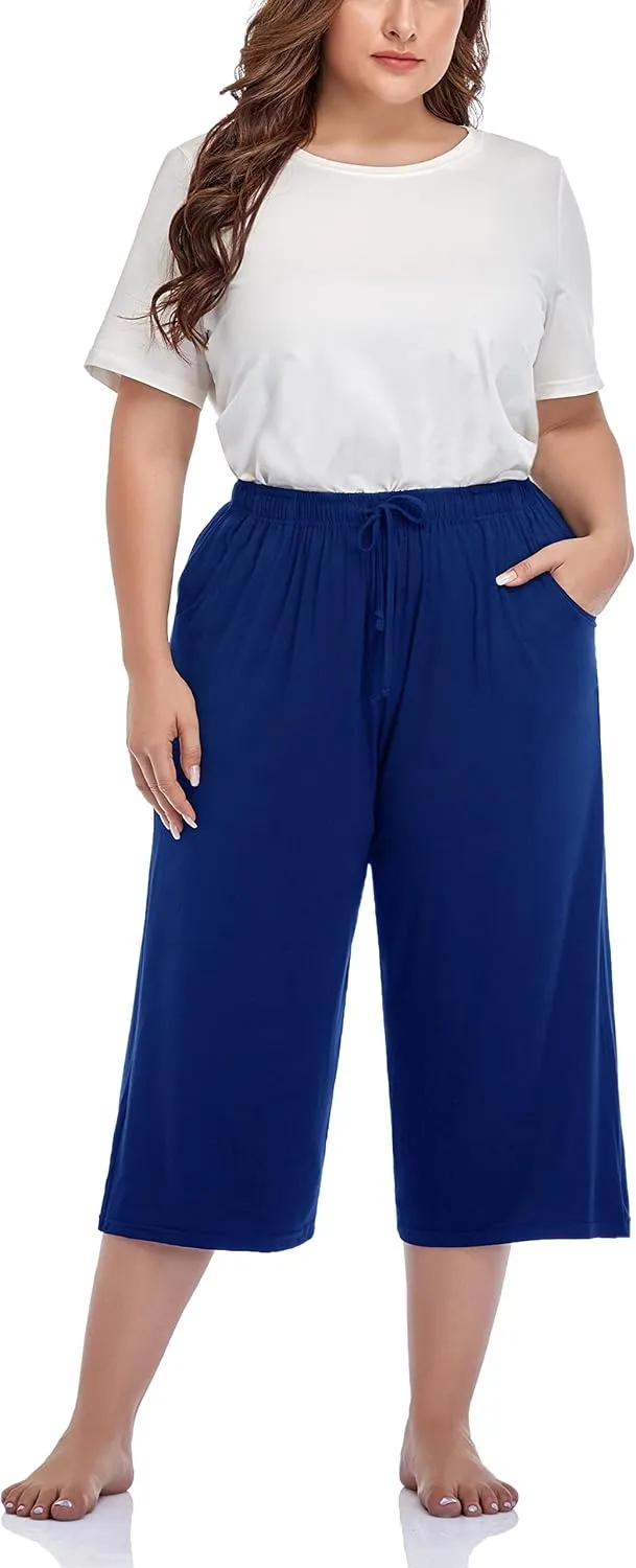 ZERDOCEAN Women's Plus Size Wide Leg Casual Lounge Pants Comfy Capris Relaxed Pajama Bottoms Drawstring Pockets