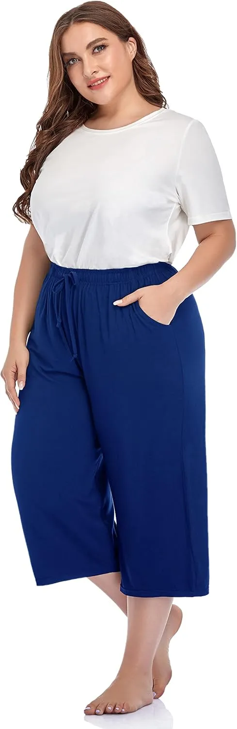 ZERDOCEAN Women's Plus Size Wide Leg Casual Lounge Pants Comfy Capris Relaxed Pajama Bottoms Drawstring Pockets